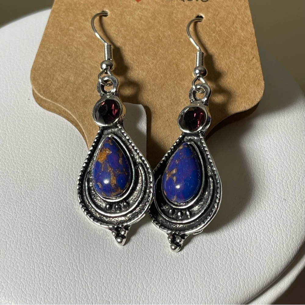 Handmade Gemstone and Resin Dangle Earrings, boho amethyst, and Silver E…​​​